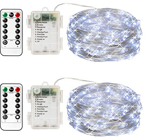 CANDLE IDEA 2 Pack 5m 50 LED Waterproof Remote Battery Operated Fairy Lights, Mini Fairy String Twinkle Lights, Battery Powered LED Wire Lights for Outdoor Christmas Wedding Decoration (Cool White)