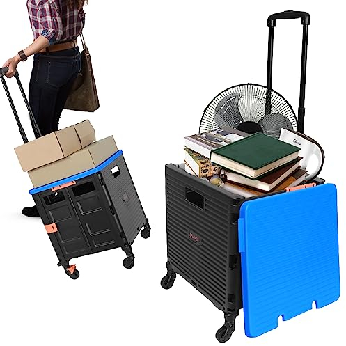 Einkaufstrolley Klappbar, Einkaufswagen Kunststoff Faltbar, Transport Trolley, bis 50 kg, Einkaufskorb mit Deckel, Ausziehbarer Alu Ausziehgriff, Mit Universal-Mute- 8 rädern, Blau