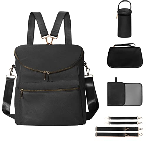 Minsong Wickeltaschen-Rucksack, modische Leder-Rucksäcke, Reise-Baby-Wickeltaschen mit Organizer und Wickelunterlage, Schwarz, Medium, Niedlich