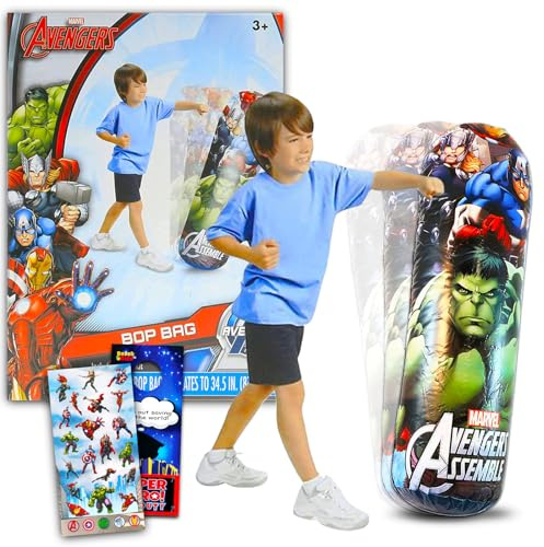 Marvel Avengers Bop Bag Set - 3 Pc Bundle with Superhero Punching Bag for Kids | Avengers Bop Bag with 300 Stickers and More (Marvel Toys and Games), superhero bop bag inflatable punching toy