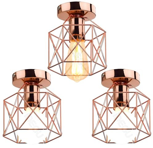iDEGU Lot de 3 Lustre Plafonnier Industriel Rétro E27 Luminaire Abat-jour en Fer Vintage Lampe Suspension Cage Ø15cm Éclairage de Plafond pour Salon Chambre Cuisine (3 Pcs)