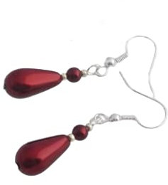 Metallic Glass Pearl Drop Earrings (Red, sterling-silver)
