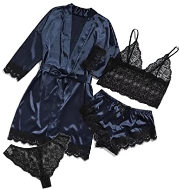 AudMsier Pyjama en Satin Quatre Pièces pour Femmes, sous-Vêtements en Dentelle, Robe Courte avec Ceinture, Vêtements en Soie