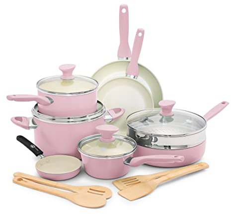 GreenPan Rio Healthy Ceramic Nonstick 16 Piece Cookware Pots and Pans Set, PFAS-Free, Dishwasher Safe, Pink