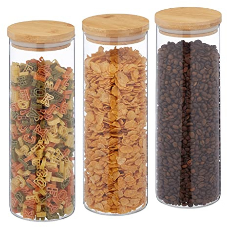 Relaxdays Vorratsgläser mit Bambusdeckel, 3er Set, transparent/natur | runde Vorratsdosen aus Glas, 1600 ml, luftdicht