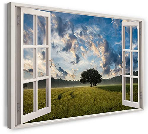 Printistico Bilder Fensterblick 60x40cm Baumwoll-Leinwand auf Keilrahmen mit Aufhänger moderner Kunstdruck XXL Wandbilder Wand-Dekoration Baum auf Feld Natur Wald Sonne Himmel - Natur-Fotografie