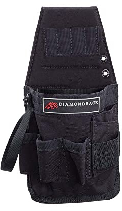 The Diamondback Mini-Niko-Werkzeugtasche, schwarz, rechte Seite, Elektriker, HVAC, Fahrer, Zangen, Bits, Bleistifte, Messer, Isolierbandgurt, 6 Außenfächer, 2 Innenfächer, 17,8 x 8,3 x 34,3 cm