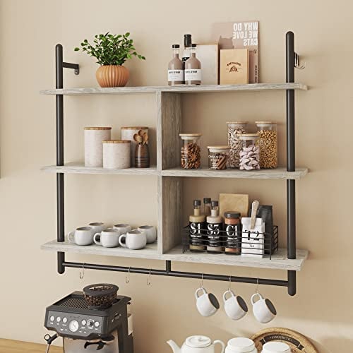 Bestier 3 Tier Floating Pipe Shelving 105.5CM Industrial Wall Mounted Ladder Shelf Hanging with Circular Tube with Hooks Wood Display Storage Home Decor Book Shelves