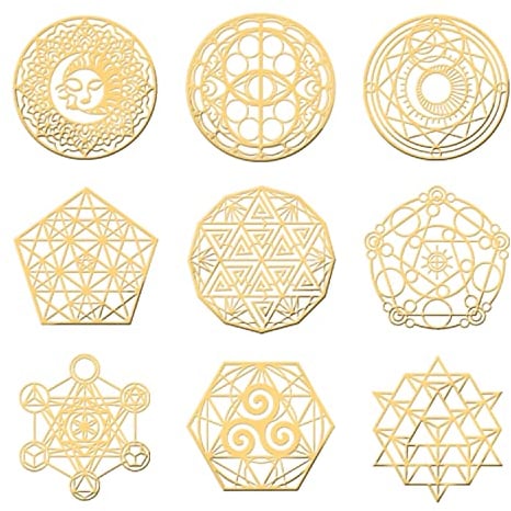 OLYCRAFT 9 Stück Heilige Geometrie Metall Aufkleber 40mm Blume Des Lebens Orgon Pyramide Aufkleber Edelstahl Gold Aufkleber Für Sammelalben DIY Kunstharz Handwerk Wasserflasche Dekoration