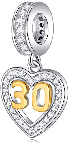 30th Anniversary Charms fit Pandora Frauen Armband, goldene Zahl 30 Dangle, 925 Sterling Silber 30th Geburtstag Herz Halskette Perlen mit Geburtssteinen CZ, Geschenke für beste Mama/Papa/Godmother