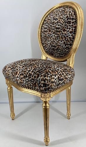 Casa Padrino Barock Esszimmer Stuhl Medaillon Leopard/Gold - Handgefertigter Massivholz Antik Stil Küchen Stuhl mit Muster - Barock Esszimmer Möbel