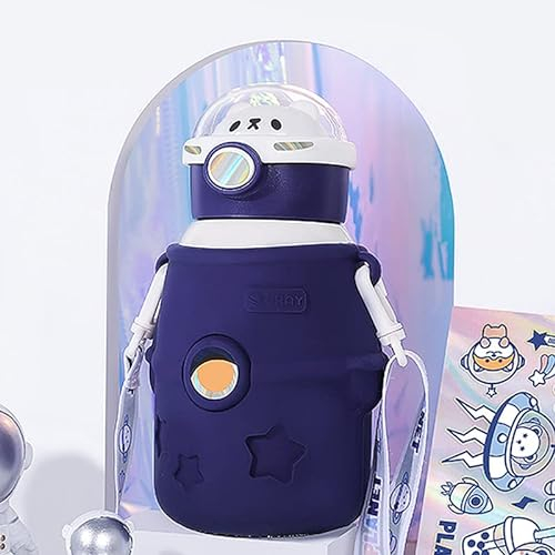 TIAASTAP Kawaii Botella de agua con popote 500 ml portátil de acero inoxidable con aislamiento botella de agua grande con diseño de oso astronauta para escuela gimnasio viajes picnic etc (azul)