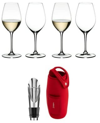 Riedel Bicchieri da vino bianco e champagne, confezione da 4 pezzi, con portabottiglie e versatore per vino con tappo (4 articoli)