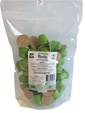 CAPSUL&BIO Thé Vert Bio Menthe Menthe Nanah du Maroc - Compatible avec les machines à Capsules Nespresso - Pochette de 70 Capsules Biodégradables, 100% Végétales - Rapide et Sain - Fabriqué en France