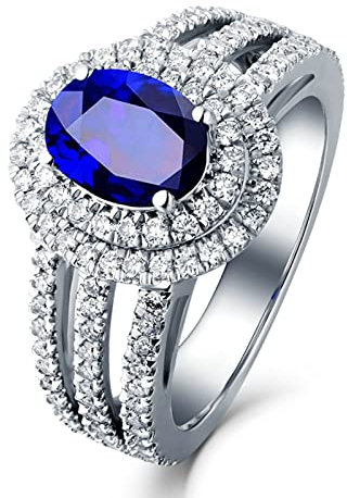Damen Ringe Modeschmuck, Aeathetic Rings Blau 4 Krallen 1,57 Ct. Ovaler Blauer Saphir mit Shinny Diamond Ringe Versprechen Größe 52 (16.6)
