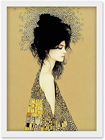 Wee Blue Coo Klimt Style Woman in Multi Coloured Shawl Painting Artwork Framed Wall Art Print A4