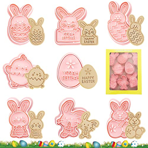 Shinybox Cortadores de Galletas de Pascua, 8 Piezas Moldes para Pastel de Pascua, Cortador de Galletas de Plástico 3D, Moldes Galletas para Niños, Cookie Cutter Deco de Pasteles de Galletas