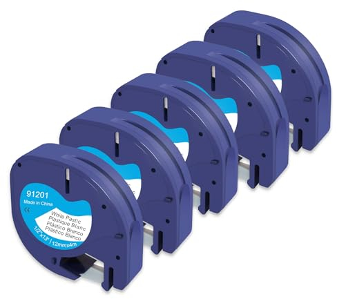 5 x Molabel Label Tape Compatible with Dymo Letratag S0721610 91201.12 mm x 4 m Black on White Plastic Letratag Tape for LT-100H LT110T LT-100TLabel Printers Black On White