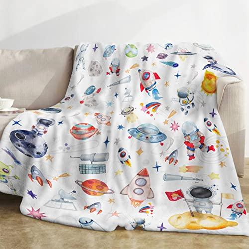 Weltraum Decke Kinder, Kuscheldecke Astronaut, Weich Flanell Universum Decke, Warm Plüsch Fleece Outer Space Raketen Wohndecke für Jungs Teenager Geburtstagsgeschenke Sofa Couch Deko, 130x152cm