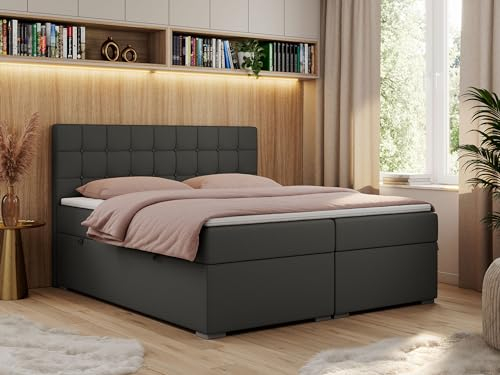 MKS MEBLE Boxspringbett 200x200 mit Bettkasten, Bett 200x200 mit Stauraum und Kopfteil, Polsterbett mit Multipocket - Matratze H3 und Topper - Carmen - Dunkelgrau Kunstleder