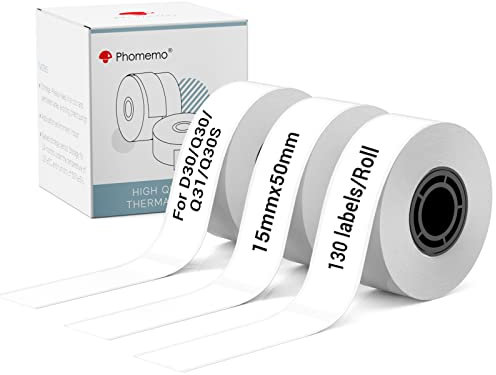 Phomemo Etiketten Weiß für D30 Etikettendrucker, Thermo-Etiketten Kompatibel mit Colorwing Q30,Phomemo Q31/Q30/Q30S Beschriftungsgerät,15mmx50mm Schriftband mit 130 Etiketten/Rolle,3 Rollen