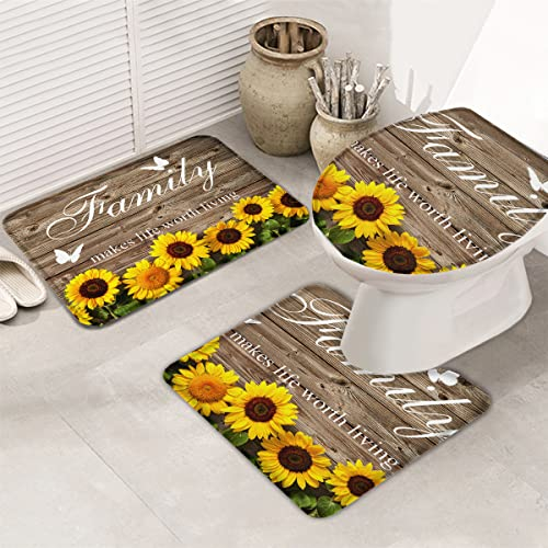 3 Stück Badgarnitur Sonnenblumen-Bauernhaus Retro Aus Holz Badezimmer-Fußmatte Schnelltrocknend U-Förmige Kontur Maschinenwaschbar Wc Garnitur Für Neben Der Badewanne, Wc, Bad