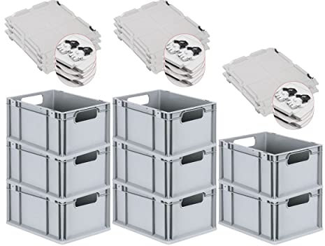 PROREGAL SuperSparSet 8x Eurobox NextGen Economy mit Scharnierdeckel & schwarzen Verschlüssen | Griffe offen | HxBxT 22x30x40cm | 20 Liter | Eurobehälter Transportbox Transportbehälter Stapelbehälter