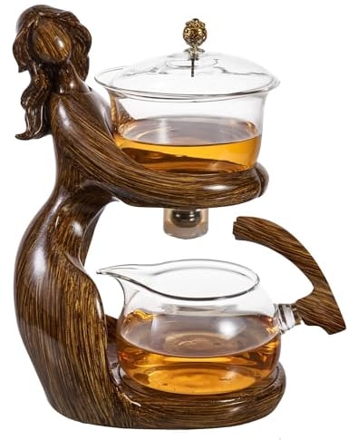 Glass Kungfu Teapot Set Tea maker with Infuser Semi Automatic Tea Set with 6 Small Cups (Brown)