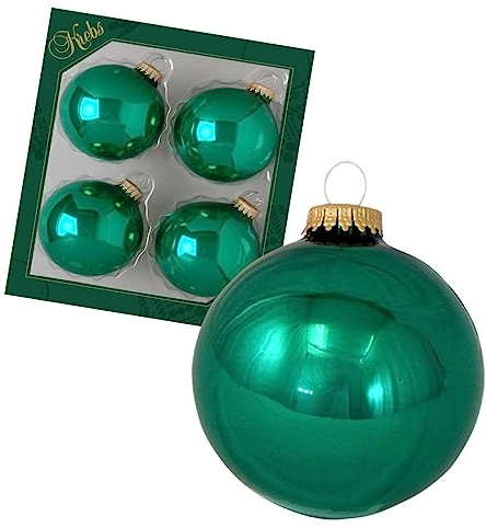 Dekohelden24 Lauschaer Christbaumschmuck - 4er Set Kugeln Uni glänzend grün, mit goldenem Krönchen, Größe Ø ca. 8 cm
