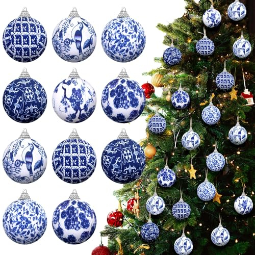 12 Adornos de Bolas de Chinoiserie Azules y Blancas para Colgar en el árbol de Navidad, Adornos Colgantes de Tela Chinoiserie envueltos en Tela, decoración de Navidad para Fiestas de Navidad (Estilo