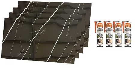 IZODEKOR Revestimiento de pared efecto mármol - 4x paneles con 4x adhesivo de montaje - Alternativa a baldosas/azulejos, panel ducha, panel para pared cocina | Black Lightning