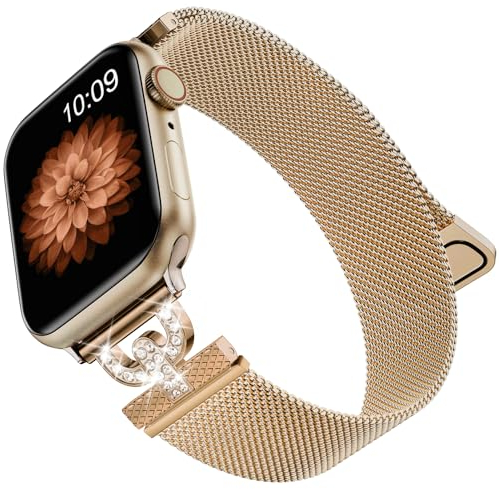 Faliogo Metallo Cinturino Compatibile con Cinturino Apple Watch 42mm 44mm 45mm 49mm per Donna, Cinturino Magnetico con Diamante per Apple Watch SE/iWatch Series 9 8 7 6 5 4 3 2 1 Ultra, Oro Rosa