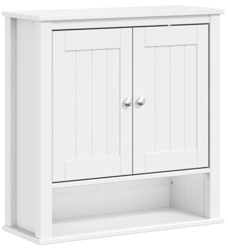 vidaXL Bad Wandschrank, Hängeschrank mit 2 Türen 3 Böden, Badschrank Schrank Wandmontage Wasserbeständig, Badezimmerschrank Wandregal Badmöbel, Weiß Massivholz