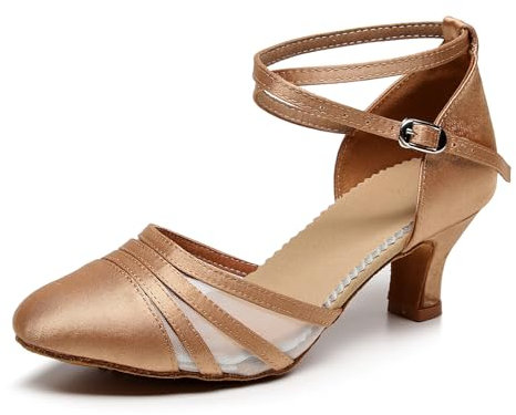SWDZM Tanzschuhe Damen Latein Geschlossen Satin Bequem Salsa Tango Walzer Character Gesellschaftstanzschuhe,FT017,Beige,Ferse 6cm,Wildledersohle,34EU