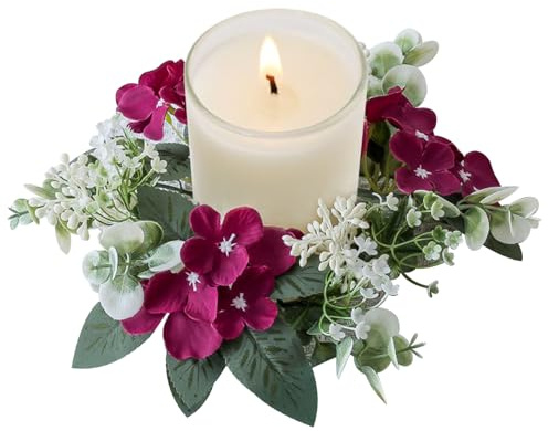 Blumenkerzenringe, 25,4 cm, kleiner Kerzenkranz, künstliche Kerzenringe für Säulen, Hortensien, Kerzenringe, Kränze für Hochzeit, Tische, Zuhause, Tür, weinroter Kerzenkranz, Kerzenringe für Säulen, F