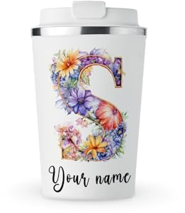 MAXIKIWI - Personalised Insulated Double Walled, Leakproof Stainless Steel Mug, Coffee or Tea Travel Tumbler with Lid, Keep Drinks Hot and Cold - Flower Alphabet Watercolor - 350ml