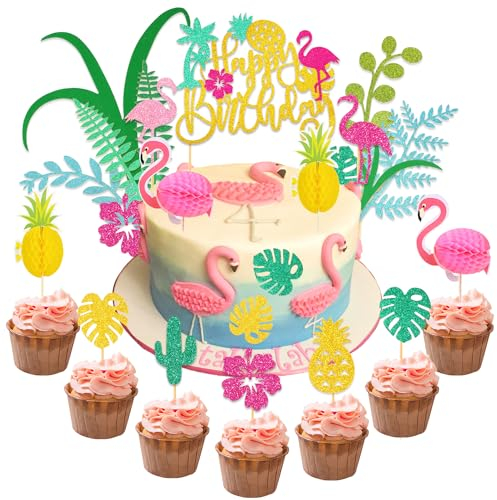 HOWAF 26 Stück Happy Birthday Tortendeko, Hawaii Aloha Flamingo Ananas Happy Birthday Cake Topper Geburtstag für Hawaii Deko Tropical Luau Sommer Beach Party Kuchen Deko Geburtstag Cake Decoration
