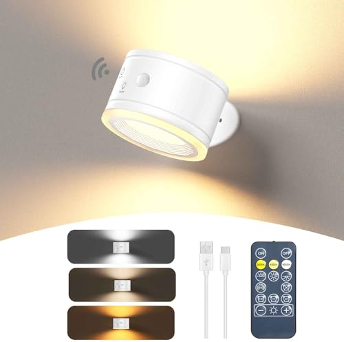 Shuniu LED Akku Wandleuchte mit Bewegungsmelder, 3 Helligkeitsstufen 3 Farbmodi, 360° Drehbare Touch Control Wandlampe, Dimmbar für Wohnzimmer Schlafzimmer Flur Kabellose