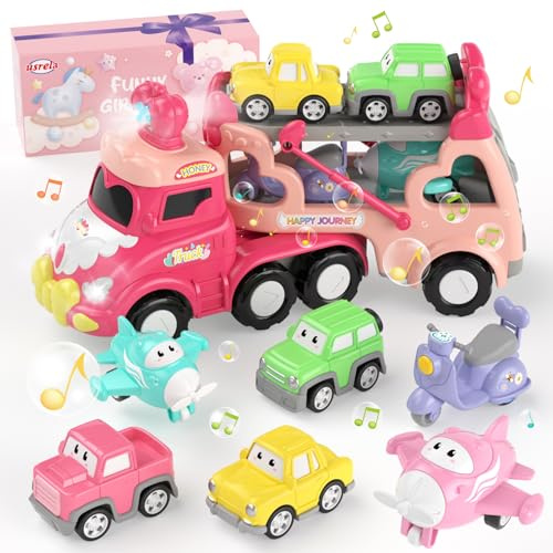 usrela Toys for 2 Year Old Girl Truck for 3 Year Old Birthday | Carrier Truck for Girls Toys Friction Power Light & Sound Toy Cars for 2 + 3 1st Halloween Gifts 4 Car