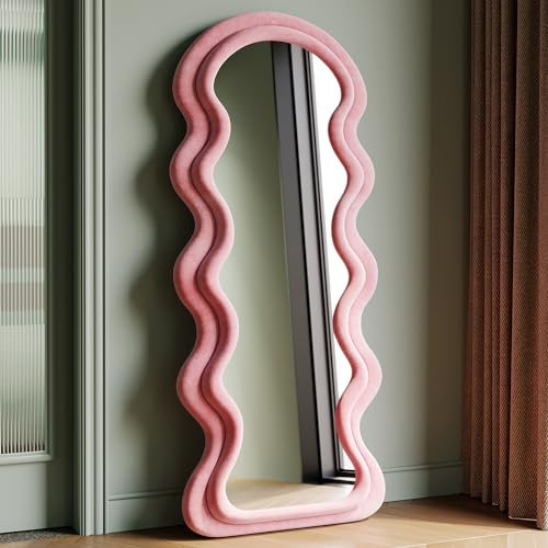 Generisch Ganzkörperspiegel 160x60cm Standspiegel,Gewölbter Bodenspiegel Groß,Wandspiegel aus Flanellumwickeltem Holzrahmen,Hängend/Kippend,Halbrunder Wellenspiegel für Schlafzimmer (Rosa)
