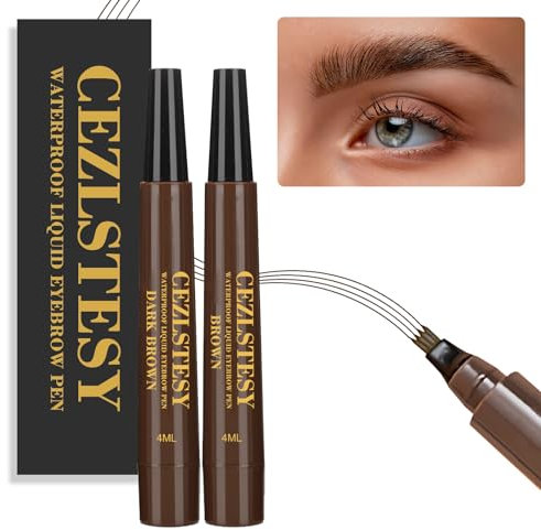 2 PCS Wasserfester Augenbrauenstift, Microblading Tattoo Brauenstift, Wasserfester 3D Augenbrauenstift mit 4 Gegabelten Spitzen, Langlebig und Natürlich (Dunkelbraun*1 + Braun*1)