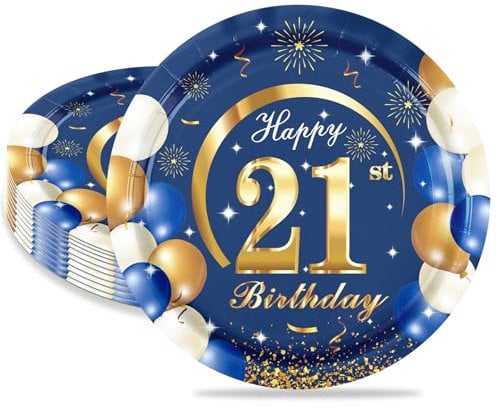 MORAINJAY 16Pcs Birthday Plates for 21,Navy Blue 7inch Paper Plates for 21st Birthday Party, Small Paper Plates for Men Women Her Him,Birthday Party Supplies Table Decor