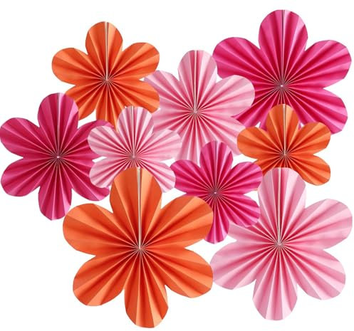Acidea 9pcs Large Paper Flowers Decorations, Flower Paper Fans Classroom Decoration, Rose & Pink & Orange Party Decorations for Wedding Birthday Carnival Wall Decor