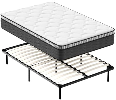 DEWINNER Set Materasso a una mezza piazza 120x190 a Molle e Schiuma alto 25 cm + Rete in ferro a doghe，in Legno Ortopedica，con 9 piedi Smontabile，Altezza 35cm，Confortevole e Traspirante