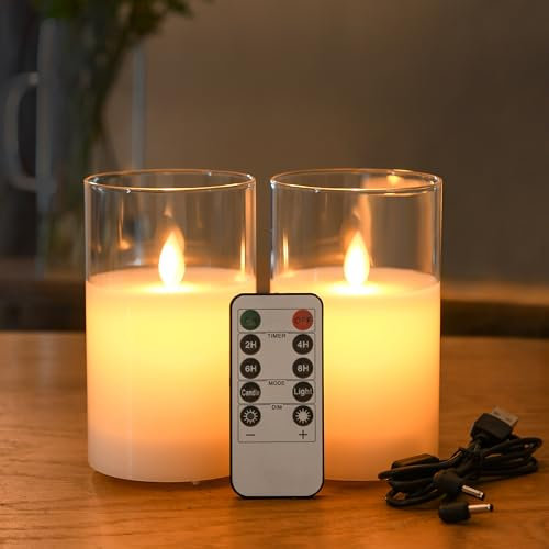 FiiMoo 2-Pack USB-Rechargeable LED Candles | White Glass Design with Realistic Flicker Flame | 24h Timer & Remote Control | Battery-Free | Flameless LED Candles for Halloween, Christmas | 15 cm Height
