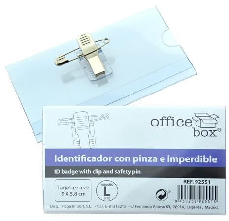 Identificador Transparente de Gran Rigidez con Pinza e Imperdibles Metálicos, En dos tamaños S (4.3 x 6.2 cm) o L (5.8 x 9 cm) by Office Box (L)