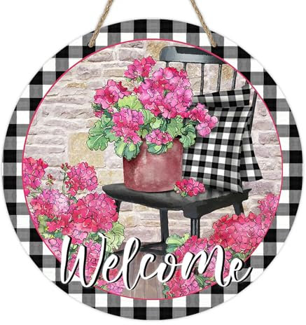 Deroro Türschild mit Aufschrift Welcome Spring Summer Geranien, rosa Blumenstuhl, Büffelkariert, Holz-Türhänger für den Außenbereich, Veranda, Bauernhaus, Holzkranz, Innen-Wandbehang