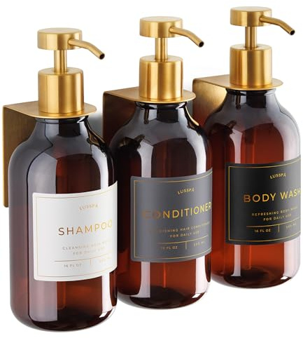 Shampoo & Conditioner Dispenser - Shower Soap Dispenser Wall Mounted - Set of 3 500 ml Plastic Bottles with Pump & Holder - Shampoo Dispenser - Shower Dispenser Chamber No Drill (3 X Amber/Gold)