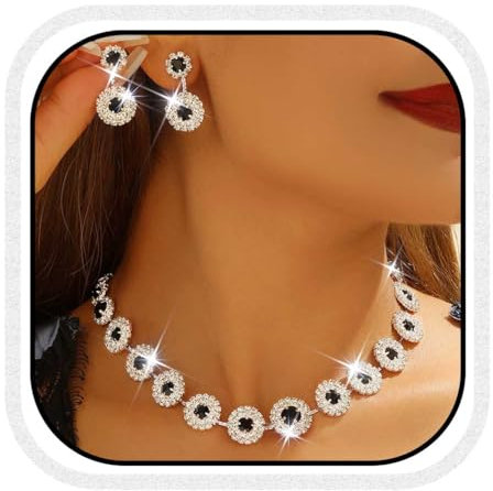 Fashband Crystal Bridal Wedding Jewelry Set Sparkly Necklace Earrings Prom Costume Jewelry for Women (Black, One Size)
