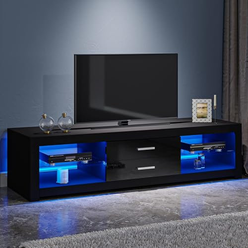 Panana Modern TV Unit Stand Cabinet 120cm 2 Drawers 2 Glass Shelves Media Storage Sideboard with RGB LED Lights up to 55 TVs Screen, (Black)